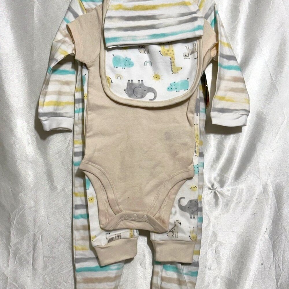 Set Unisex W/Bib Hat Onesie Pants And Sleeper Safari Animals